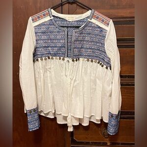 Velzera White and Blue Boho Embroidered Blouse